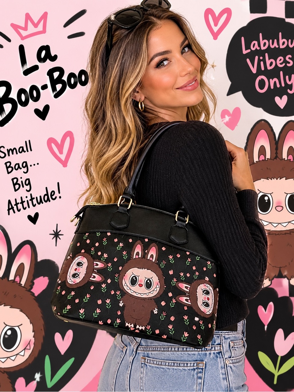 Large Labubu Characters & Tulips Dome Crossbody Satchel Bag